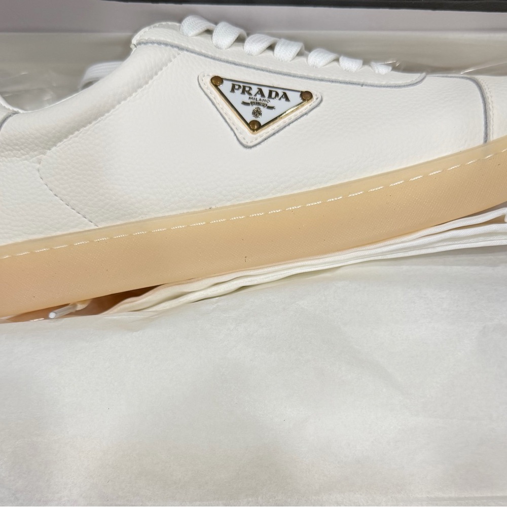 Prada White Leather Low-Top Sneaker with Beige Sole